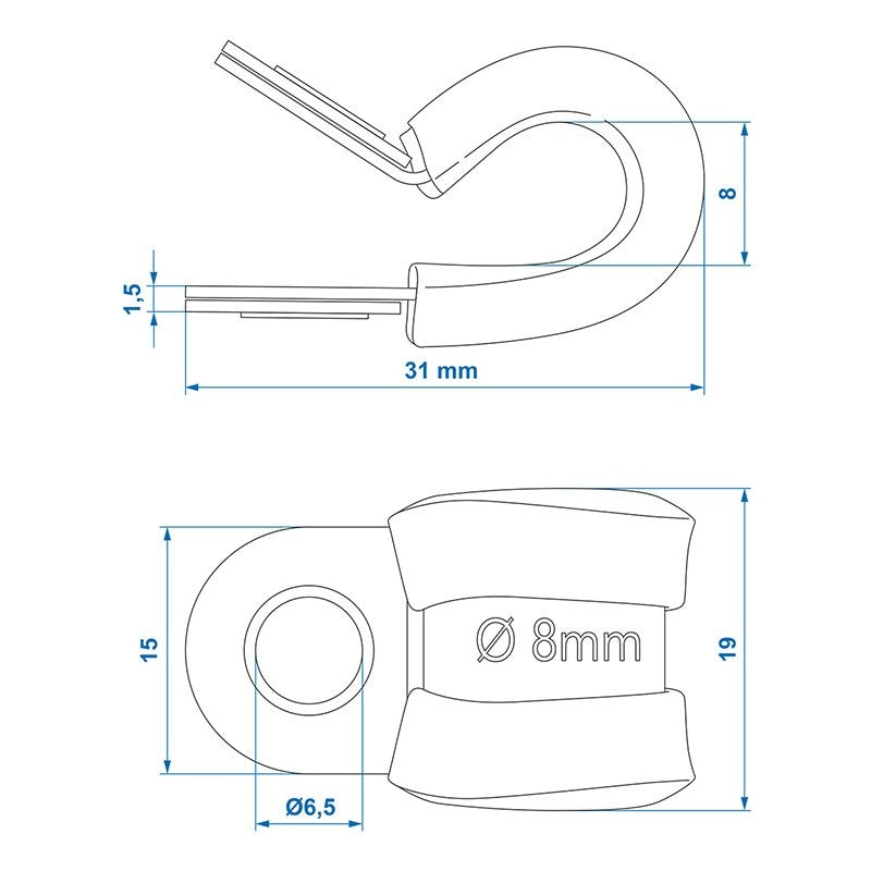 Collier fixation câble 8 mm avec protection en caoutchouc