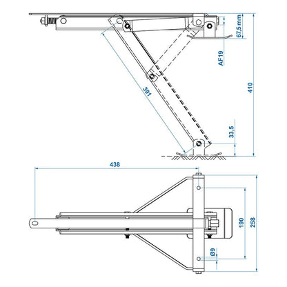 Vérin stabilisateur compact avec pied inclinable 500kg 438x265mm H:410mm