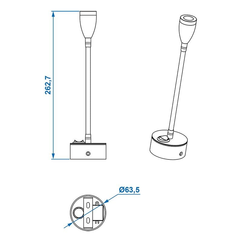 Spot monté en surface 1-led avec col de cygne flexible 12V 120lm Ø65x110-260mm