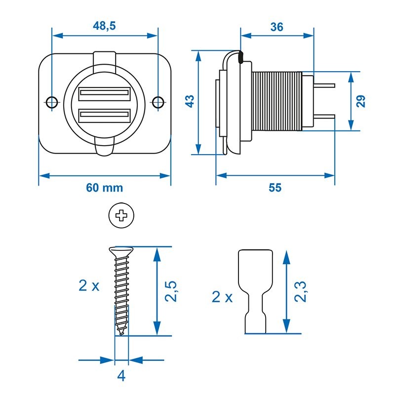 Prise-USB double à encastrer type A 3100mA 12V/24V