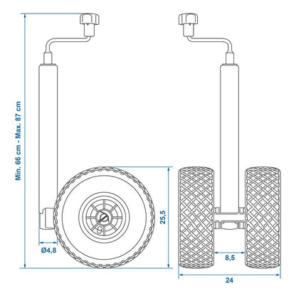 Roue jockey double 48mm 2x jante plastique avec pneu d'aire 260x85mm