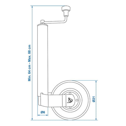 Roue jockey 60mm jante métal avec pneu caoutchouc 220x65mm