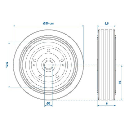 Roulette roue jockey jante métal avec pneu caoutchouc 200x60mm