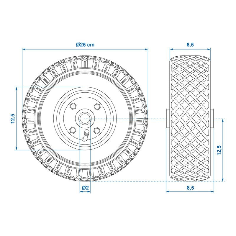 Roulette roue jockey jante métal avec pneu d'aire 260x85mm