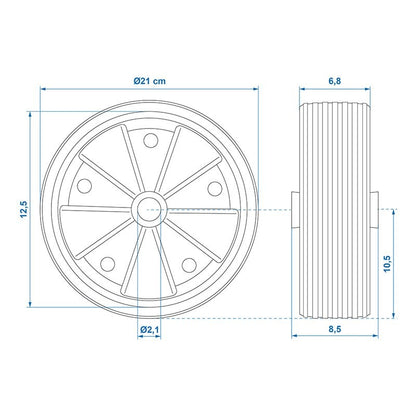 Roulette roue jockey jante plastique avec pneu caoutchouc 220x70mm