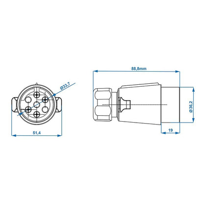 Fiche 7-pôles PVC avec connexion des cosses plates femelles