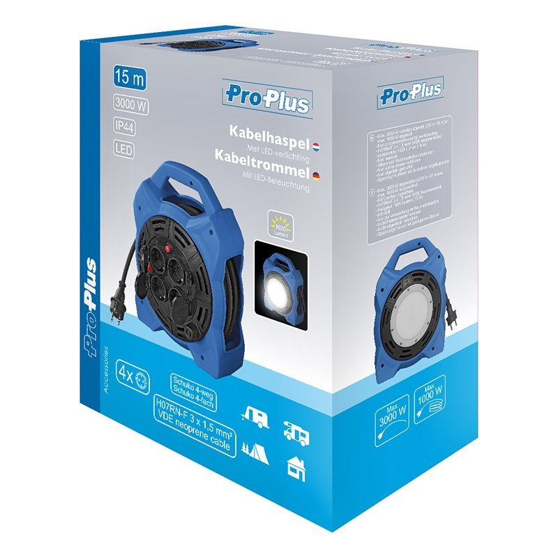 Enrouleur électrique Schuko quadruple prise 15M 3x1,5mm² avec éclairage LED