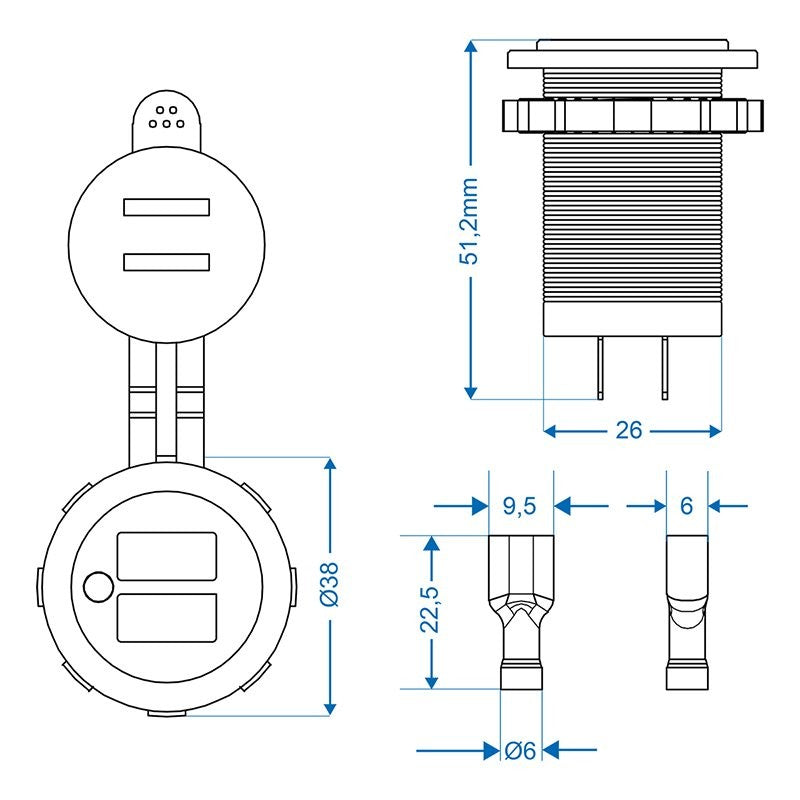 Prise-USB double à encastrer type A 2x2100mA 12V/24V