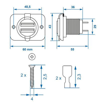 Prise-USB double à encastrer type A 3100mA 12V/24V