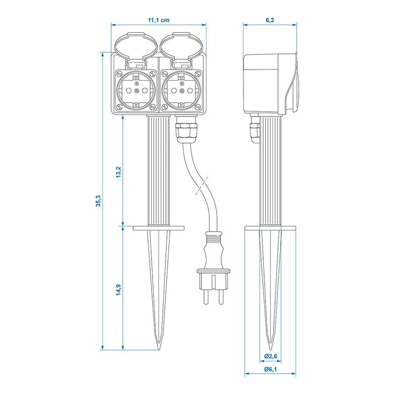 Prise de jardin Schuko double avec piquet 2M 3x1,5mm²