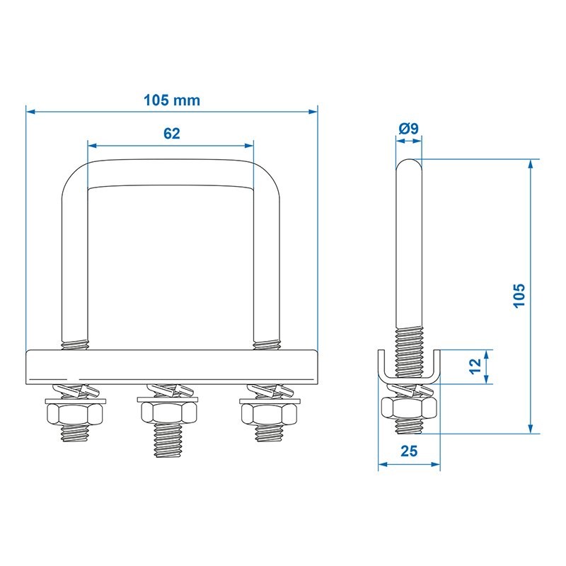 Etrier de fixation en U ronde 60/70mm pour collier roue jockey - jeu de 2 pièces