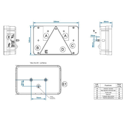 Feu arrière 6 fonctions 218x140mm gauche dans blister