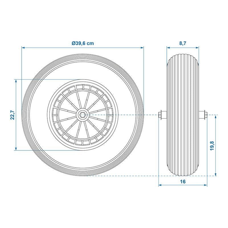 Roue PU avec jante plastique 16" 4.00-8 incl. essieu 20 mm