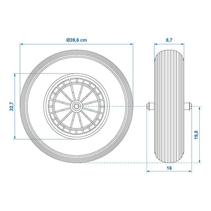 Roue PU avec jante plastique 16" 4.00-8 incl. essieu 20 mm