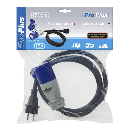 Câble adaptateur 150cm 3x2,5mm² fiche Schuko vers prise CEE