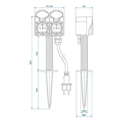 Prise de jardin Schuko double avec piquet 2M 3x2,5mm²