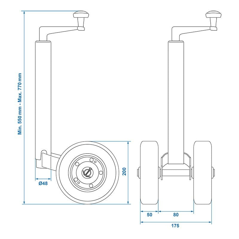 Roue jockey double 48 mm avec pneus en caoutchouc solide 200 x 50 mm