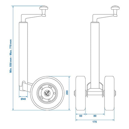 Roue jockey double 48 mm avec pneus en caoutchouc solide 200 x 50 mm