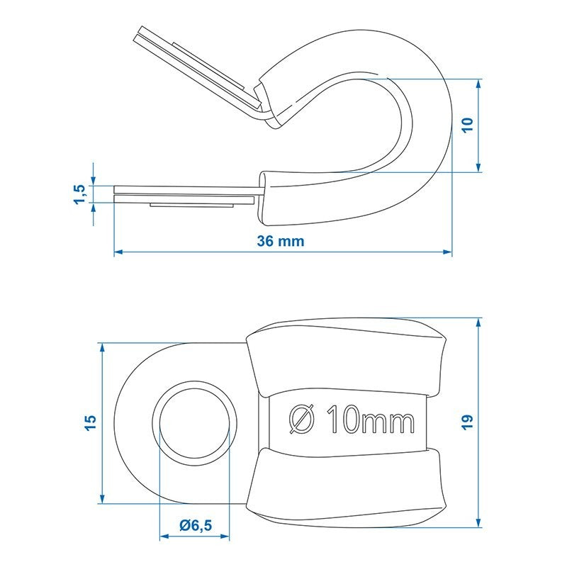 Collier fixation câble 10 mm avec protection en caoutchouc