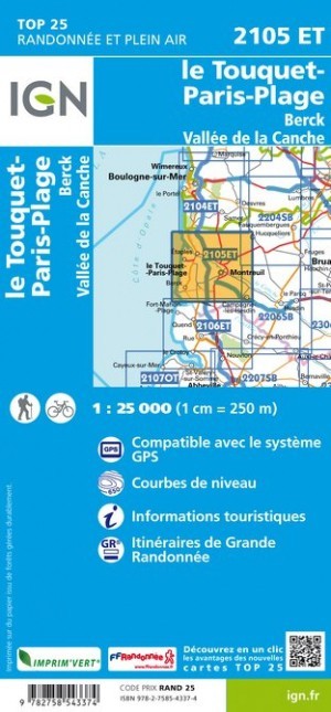Carte IGN le touquet paris plage berck vallee de la canche 2105ET série Top 25
