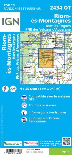 Carte IGN riom montagne bort les orgues parc volcans auvergne 2434OT série Top 25