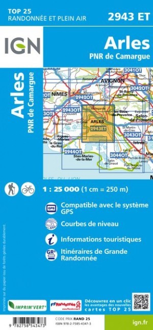 Carte IGN Arles parc naturel régional de Camargue 2943ET série Top 25