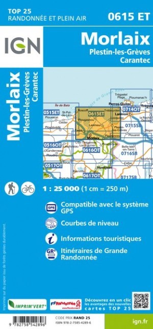 Carte IGN Morlaix Plestin les greves carantec 0615ET série Top 25