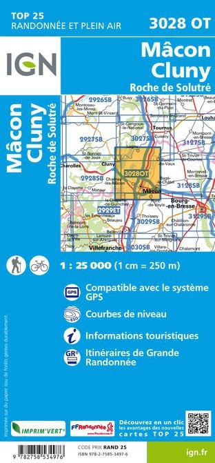 Carte IGN Mâcon Cluny roche de Solutré 3028OT série Top 25