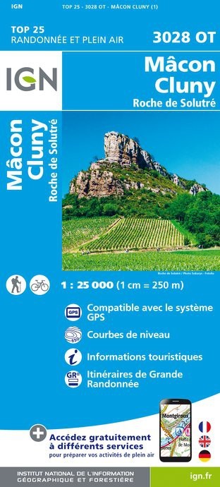 Carte IGN Mâcon Cluny roche de Solutré 3028OT série Top 25