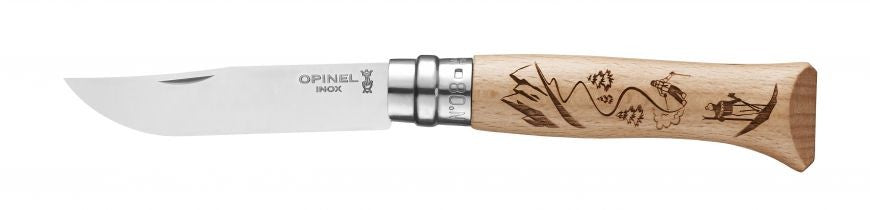 Couteau Opinel n° 8 lame en inox et manche gravé skieur