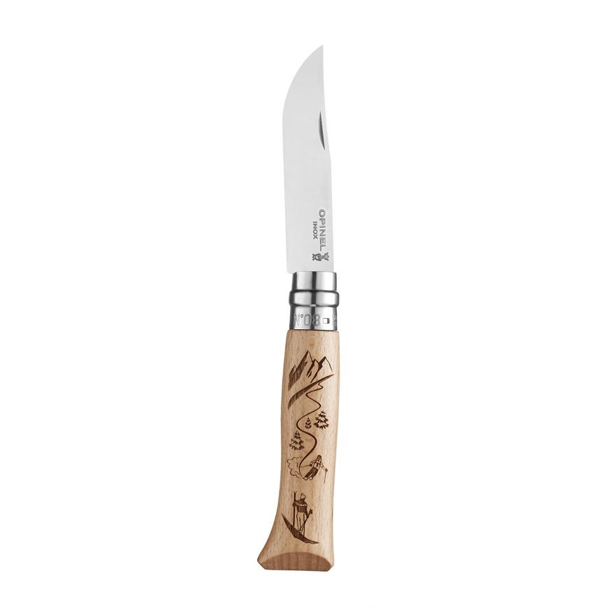 Couteau Opinel n° 8 lame en inox et manche gravé skieur