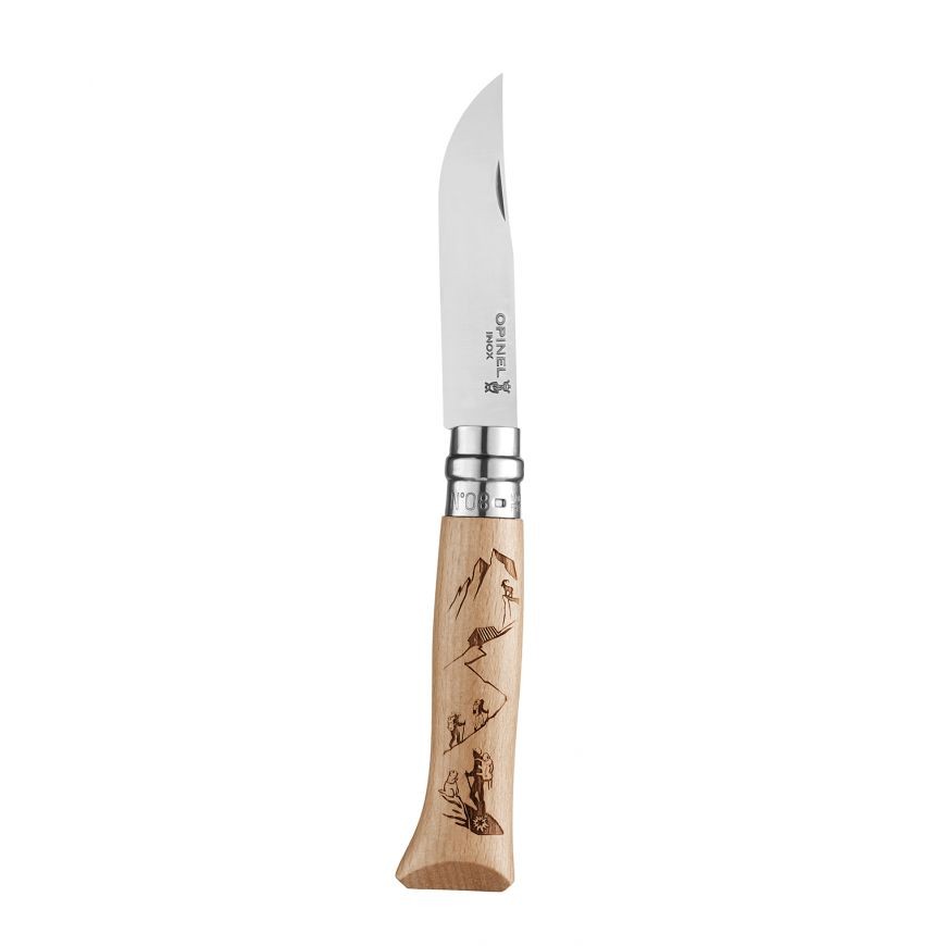 Couteau Opinel n° 8 lame en inox et manche gravé montagne