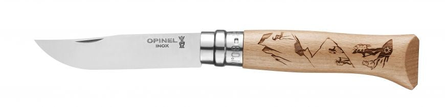 Couteau Opinel n° 8 lame en inox et manche gravé montagne