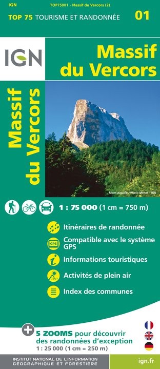 Carte tourisme Massif du Vercors IGN Top 75