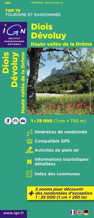 Carte tourisme Diois, Devoluy, HauteVallée de la Drome IGN Top 75