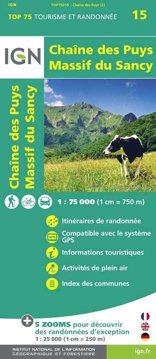 Carte tourisme Chaîne-des Puys, Massif -du-Sancy IGN Top 75