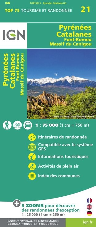 Carte tourisme Pyrénées-Catalanes, Font-Romeu, Massif-du Canigou IGN Top 75