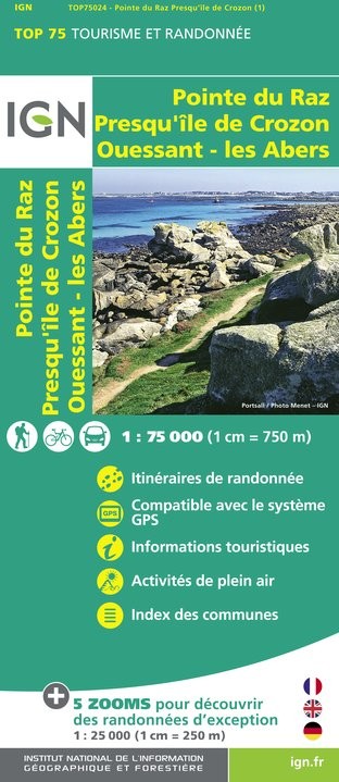 Carte tourisme Ouessant, Les Abers, Crozon, pointe du raz IGN Top 75