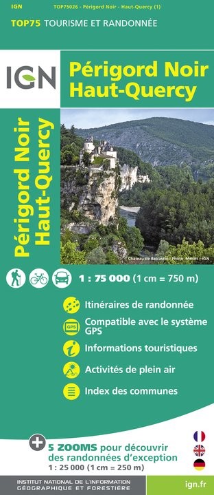 Carte tourisme Périgord Noir, Haut Quercy IGN Top 75