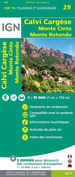 Carte tourisme Calvi, Cargesse, Monte Conto, Monte Rotondo IGN Top 75