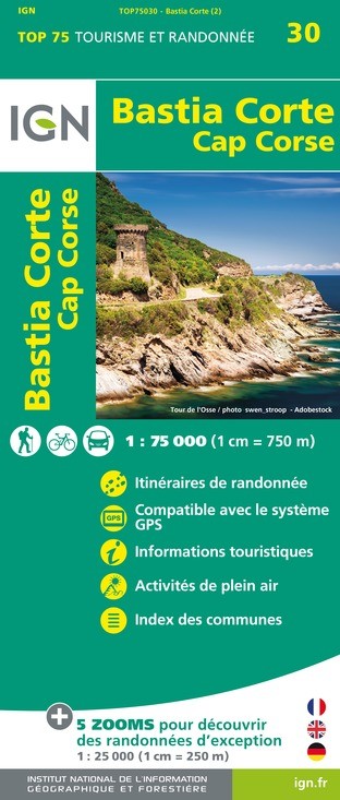 Carte tourisme Bastia, Corte, Cap Corse IGN Top 75