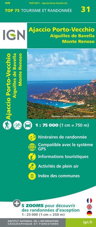 Carte tourisme Ajaccio, Porto Vecchio, Aiguilles de Bavella, Monte Renoso IGN Top 75