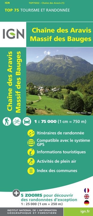 Carte tourisme Chaine des Aravis, Massif des Bauges IGN Top 75