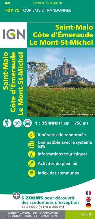 Carte tourisme St Malo, Côte d'Emeraude, Mont St Michel IGN Top 75