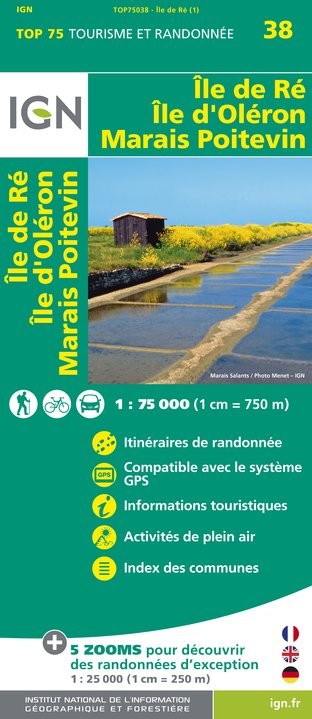 Carte tourisme Île de Ré,  Île d'Oléron,  Marais Poitevin IGN Top 75