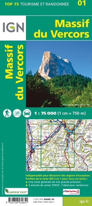 Carte tourisme Massif du Vercors IGN Top 75