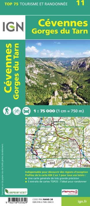 Carte tourisme Cevennes, Gorges-du-Tarn IGN Top 75