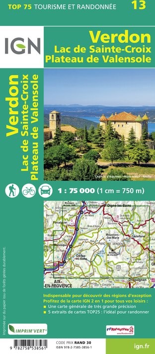 Carte tourisme Verdon, Lac-de-Ste-Croix, Plateau-de-Valensole IGN Top 75