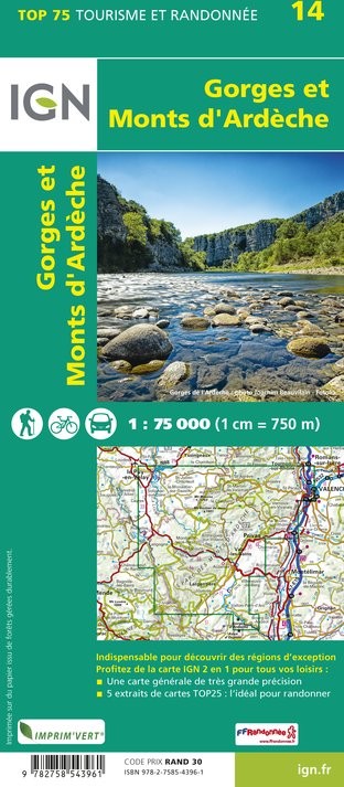 Carte tourisme Gorges et Monts-d'Ardêche IGN Top 75