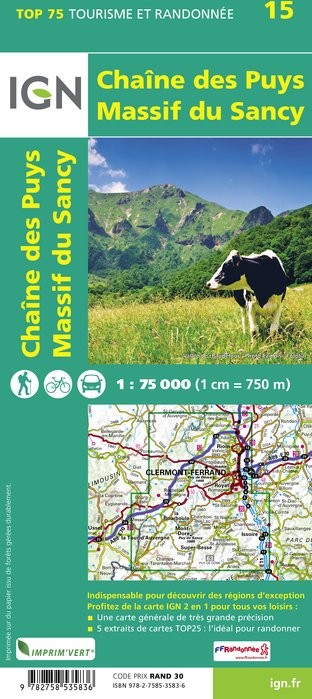 Carte tourisme Chaîne-des Puys, Massif -du-Sancy IGN Top 75